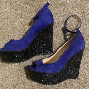 Blue and black sparkly wedges